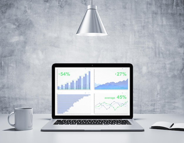 Gráficos de negocios en la pantalla de la computadora portátil con diario de taza de café en una habitación de hormigón con lámpara de plata