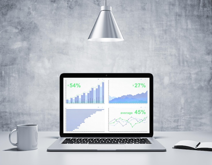 Foto gráficos de negocios en la pantalla de la computadora portátil con diario de taza de café en una habitación de hormigón con lámpara de plata