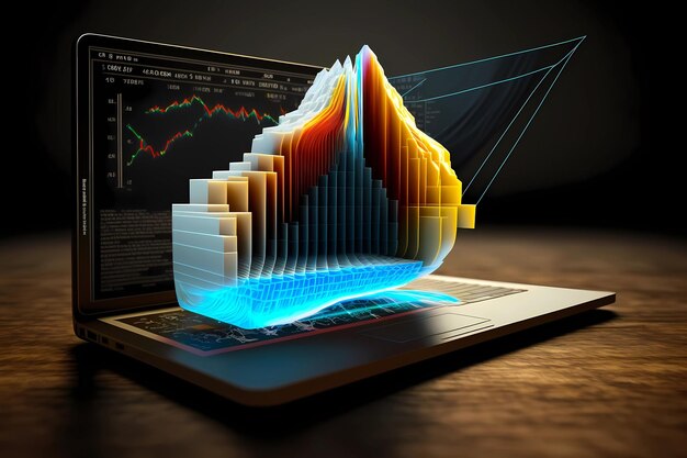 Foto gráficos que salen de la pantalla de una computadora portátil que representan el éxito y el crecimiento para los negocios o las finanzas