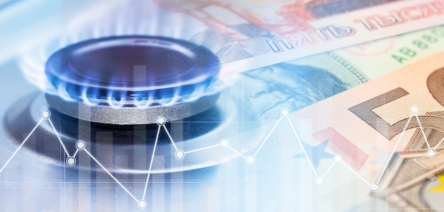 Gráficos de quemadores de gas en llamas y billetes de papel cargos de gas natural de doble exposición