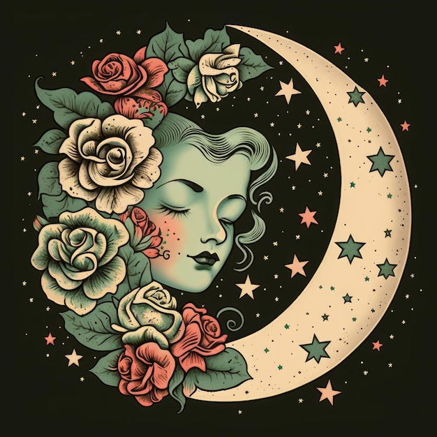 Los gráficos de rosas comienzan en cuarto de luna con la cara de girl39s en AI generativa de fondo negro