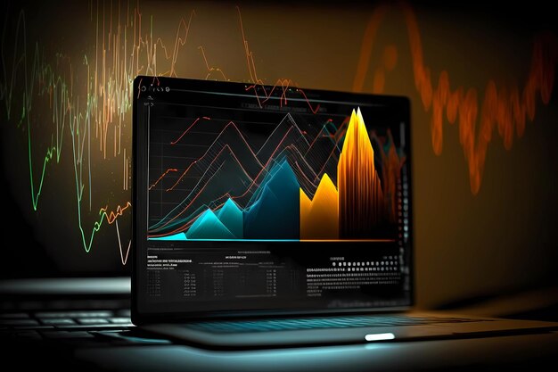 Gráficos saindo de uma tela de laptop representando sucesso e crescimento para negócios ou finanças