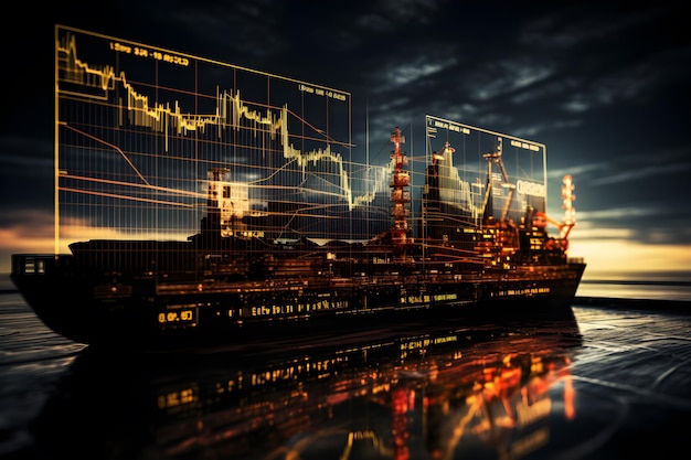 Gráficos de stock de inversión y transporte marítimo que se muestran en la pantalla IA generativa