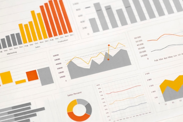 Gráficos y tablas de negocios en la mesa. Desarrollo financiero, Cuenta bancaria, Estadísticas