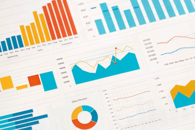 Gráficos y tablas de negocios en la mesa. Desarrollo financiero, Cuenta bancaria, Estadísticas