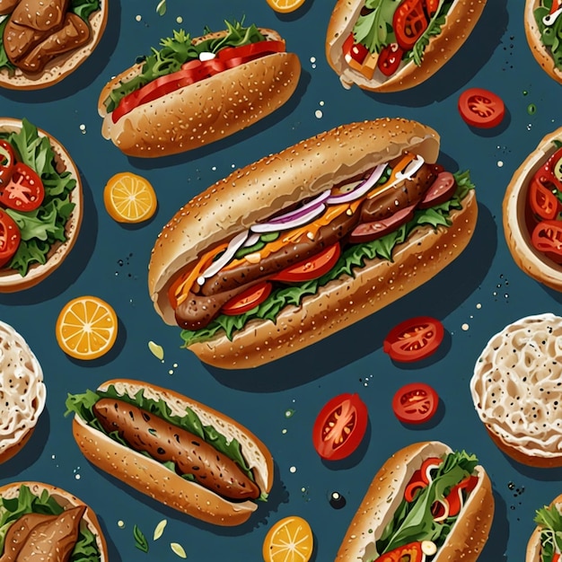 Foto gráficos vectoriales de un sándwich con tomates lechuga tomates y queso banh mi comida vietnamita