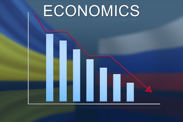 Grafik der Rezession vor dem Hintergrund der Flaggen Russlands und der Ukraine