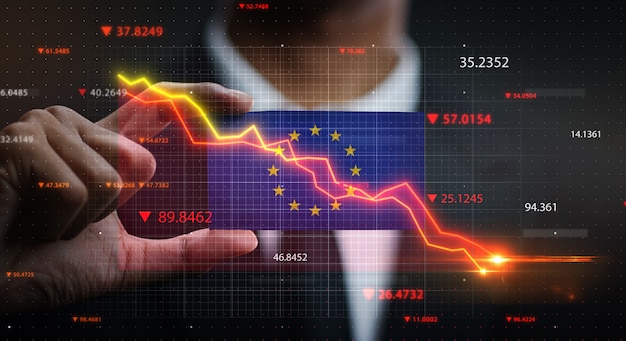 Grafik, die vor der europäischen Flagge herunterfällt. Krisenkonzept