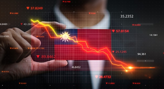 Grafik, die vor Taiwan-Flagge herunterfällt. Krisenkonzept