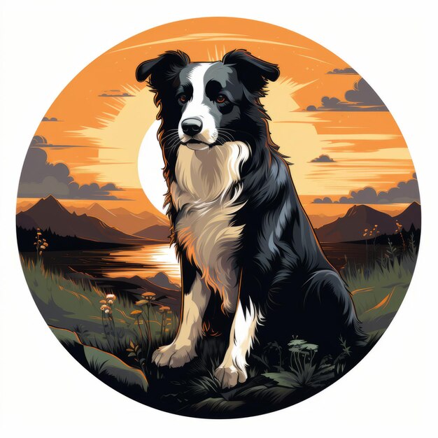 Foto grafik von border collie bei sonnenuntergang in schottischer landschaft