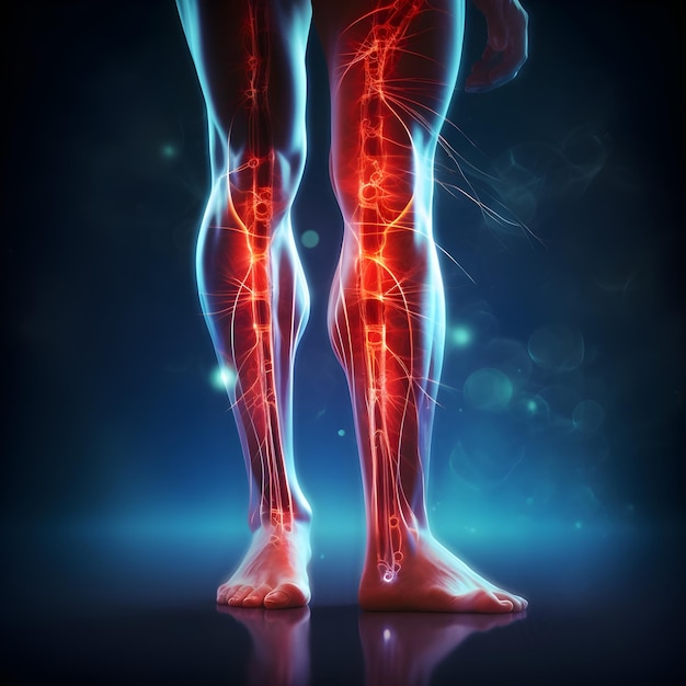 Foto grafik von körper und bein mit schmerzen mit muskel- und sehnenentzündung generative ai