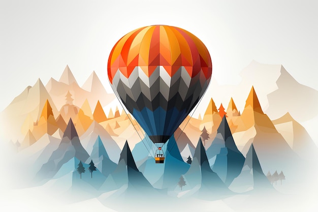 Grafikdesign isolierter heißer Ballon, der im Himmel vor Bergen schwebt