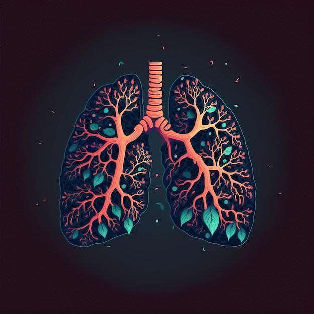 Grafikdesign-Konzept 3D-Illustration der menschlichen Lunge mit geräucherten Eisen-, Metall-, Gold- und Holzelementen