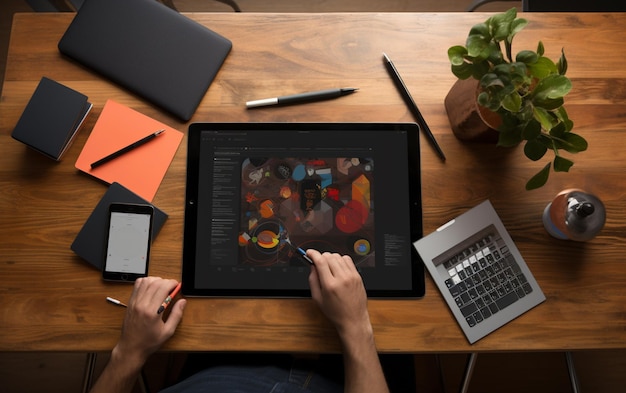 Foto grafikdesigner von oben mit einem tablet