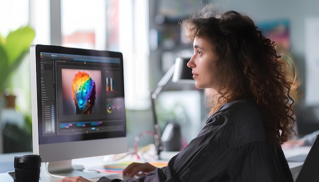 Foto grafikdesignerin arbeitet mit dem computer am tisch im büro