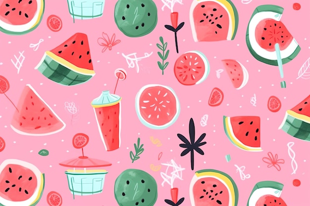 Grafische Cartoon-Sommerzeit, flache Illustrationen, nahtlose Muster mit Cocktails, Wassermelonen