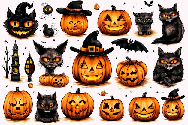 Grafische Elemente zum Thema Halloween Halloween-Figuren Muster-Hintergrundbild AI