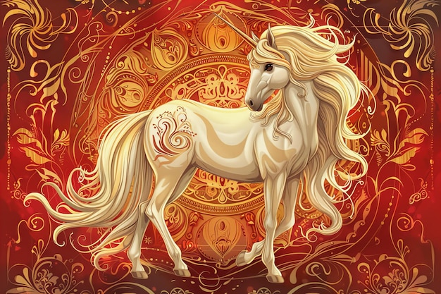 Grafische Illustration eines Einhornpferdes auf Mandala-Hintergrund ar 32 s 250 v 60 Stil roh