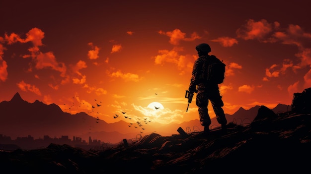 Grafische Silhouette eines bewaffneten Soldaten oder Marinesoldaten bei Sonnenuntergang