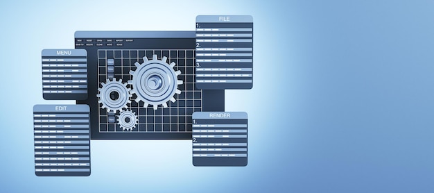 Grafische Software-Programmierschnittstelle mit Zahnrädern und bearbeitbaren Panels Blaues technologisches Bildungskonzept 3D-Rendering