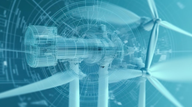 Grafisches Bild der rotierenden Rotorblätter einer Windmühle auf blauem, verschwommenem Hintergrund Nachhaltiger Windenergieprozess Virtuelle Datentechnologie Ökologische Energieerzeugung Mockup 3D-Rendering