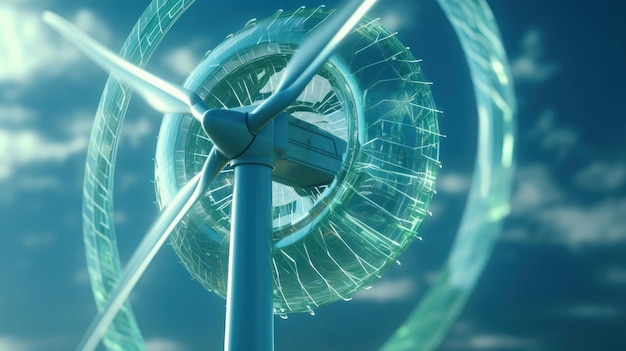 Grafisches Bild der rotierenden Rotorblätter einer Windmühle auf blauem, verschwommenem Hintergrund Nachhaltiger Windenergieprozess Virtuelle Datentechnologie Ökologische Energieerzeugung Mockup 3D-Rendering