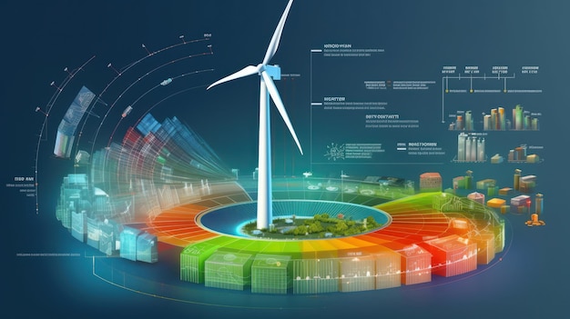 Grafisches Bild einer Windmühle vor dem Hintergrund eines Diagramms der nachhaltigen Energieerzeugung und -nutzung