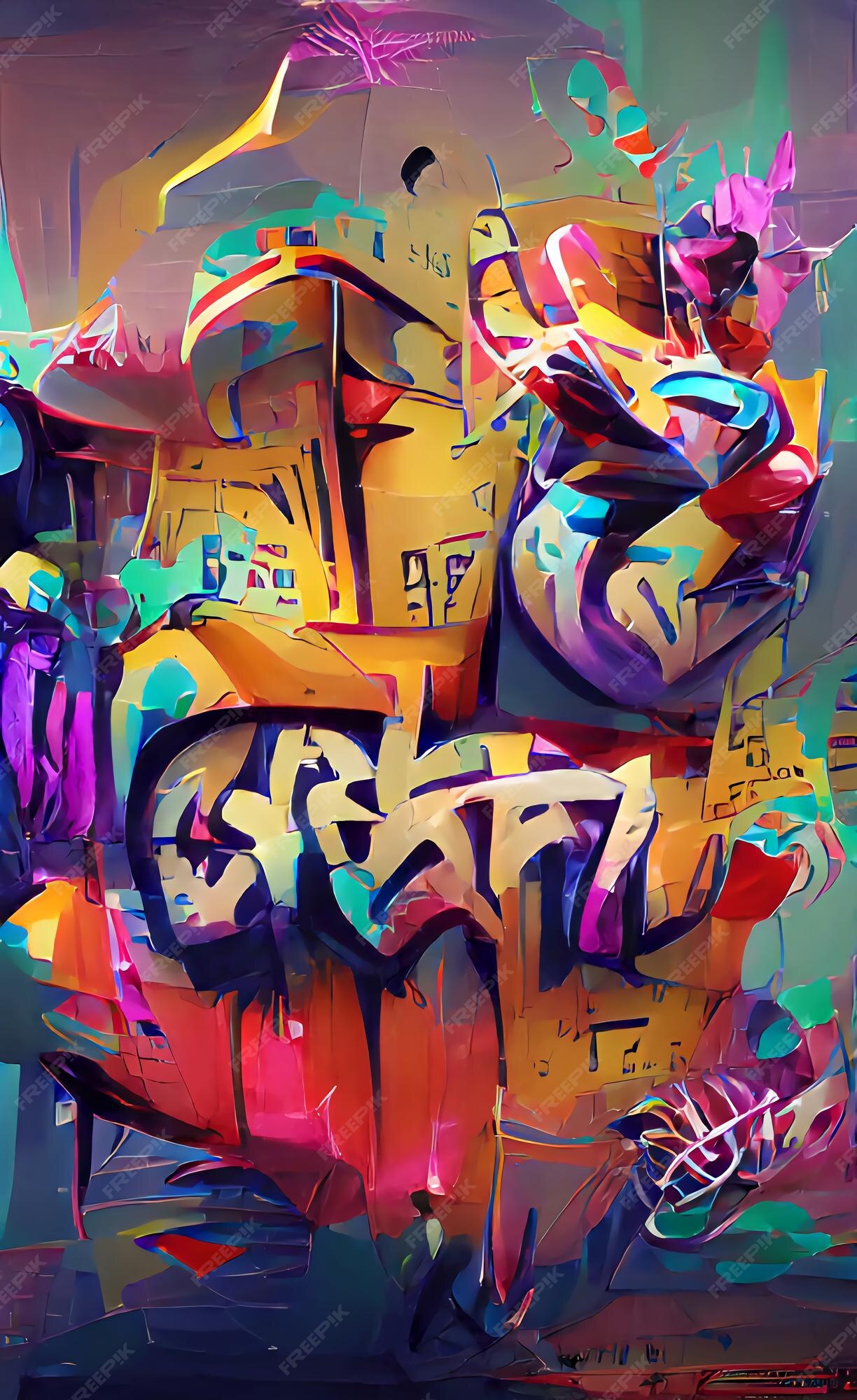 Grafite de rua, palavras abstratas na parede. desenho de graffiti com cores  brilhantes, pintura. ilustração | Foto Premium