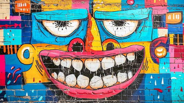 Grafite vibrante de um rosto extravagante em uma parede de tijolos urbana