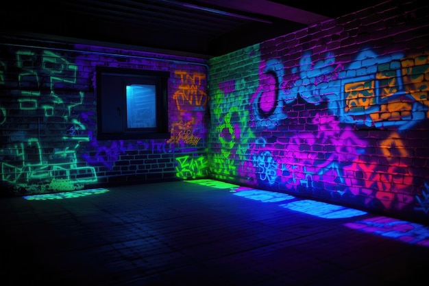 Grafiti de luz negra y uvreactivo en paredes de ladrillo creado con IA generativa