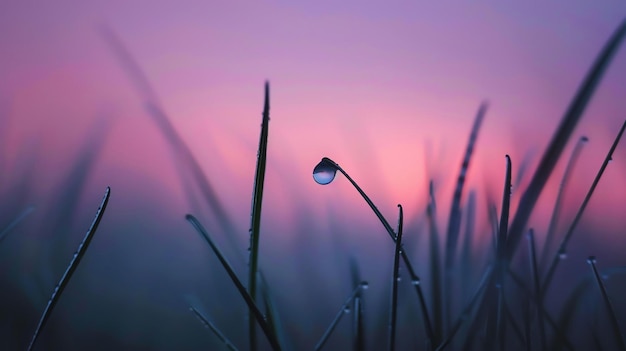 Foto grama com gota de orvalho ao nascer do sol a imagem está em foco suave com um belo bokeh as cores são rosa roxo e azul