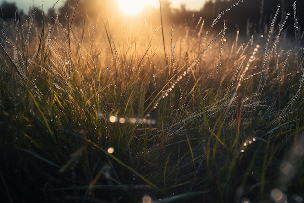 Grama com orvalho ao pôr-do-sol Paisagem natural serena e pacífica