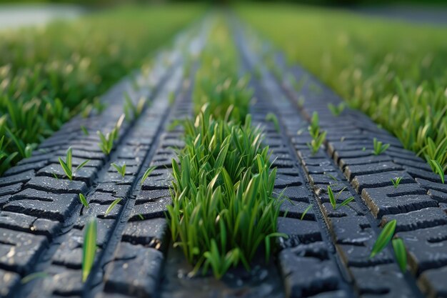 Foto grama crescendo como rastros de pneus de carro impresso no meio de uma estrada de asfalto conceito de veículo ecológico