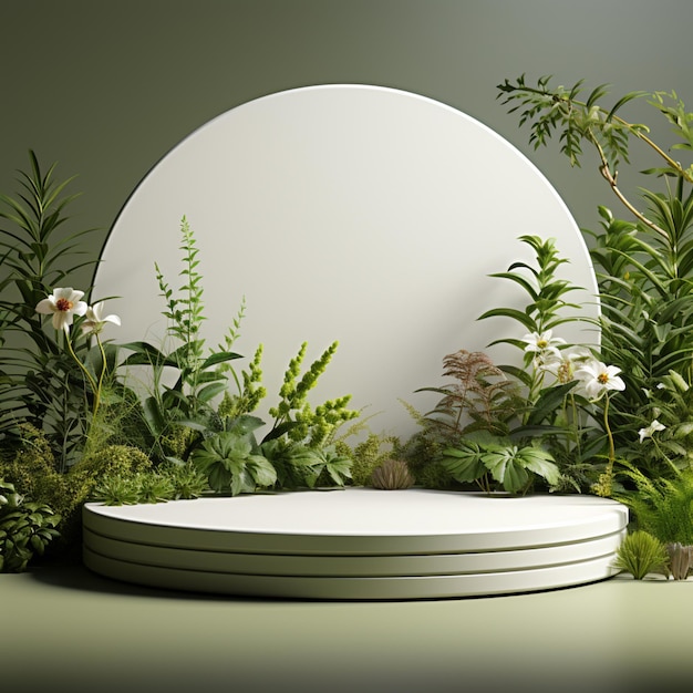 Grama de fundo branco em branco do pódio no estilo de abstração circular 3D renderizando material de argila