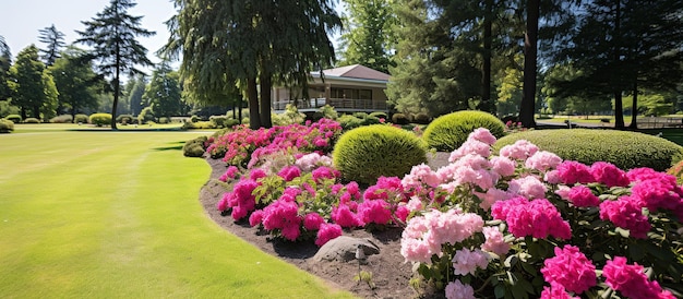 Grama e canteiro de flores manicured ao ar livre do parque