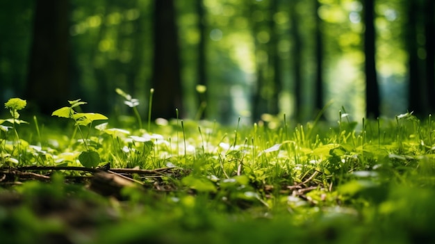 Grama e folhas verdes numa floresta natureza intocada um conceito