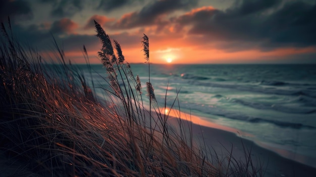 Foto grama na praia perto do mar pôr-do-sol