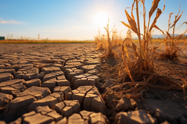 Grama seca crescendo em um campo seco com o sol pondo IA generativa