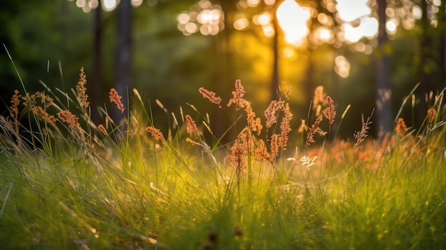 Grama selvagem na floresta ao pôr do sol