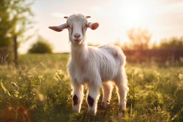 Grama verde agricultura cabra rural bonita animais domésticos bebê paisagem sol