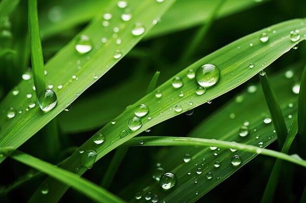 Grama verde com gotas de água Beleza e pureza do ambiente