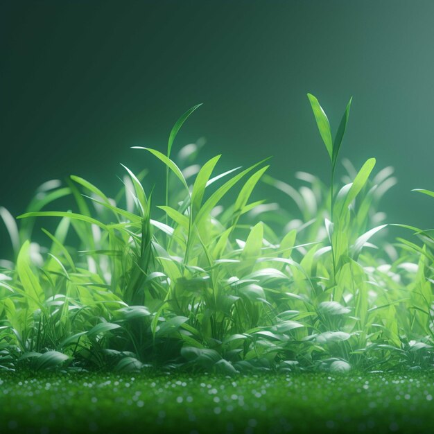 Grama verde com gotas de orvalho em um fundo verde renderização 3d