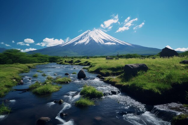 Grama verde cresce ao redor dos riachos borbulhantes no sopé do Monte Fuji, no Japão