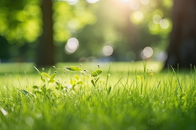 Grama verde do jardim na primavera primavera no fundo e folhas de árvores