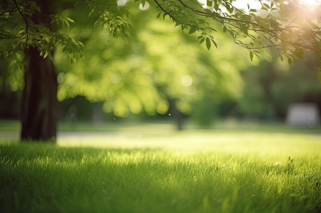 Grama verde do jardim na primavera primavera no fundo e folhas de árvores