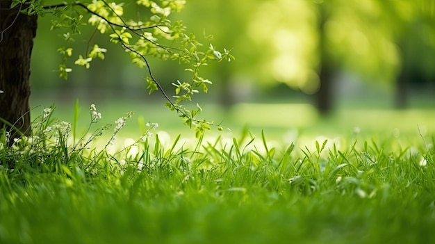 Grama verde do jardim na primavera primavera no fundo e folhas de árvores