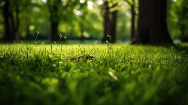 Grama verde do jardim na primavera Primavera no fundo e folhas de árvores