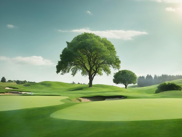 Grama verde e uma única árvore em um campo de golfe