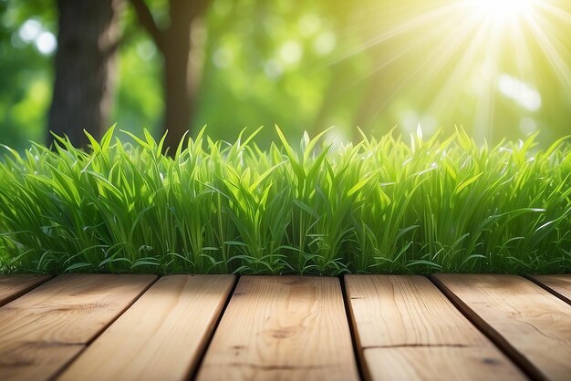 Foto grama verde fresca de primavera com bokeh verde e luz solar e chão de madeira beleza fundo natural