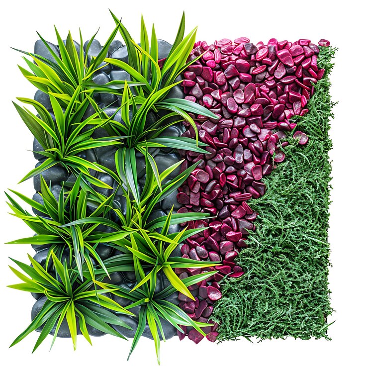 Foto grama verde profundo das bermudas com seixos vermelhos vibrantes e lisas e texturas de grama verde fresca para decoração